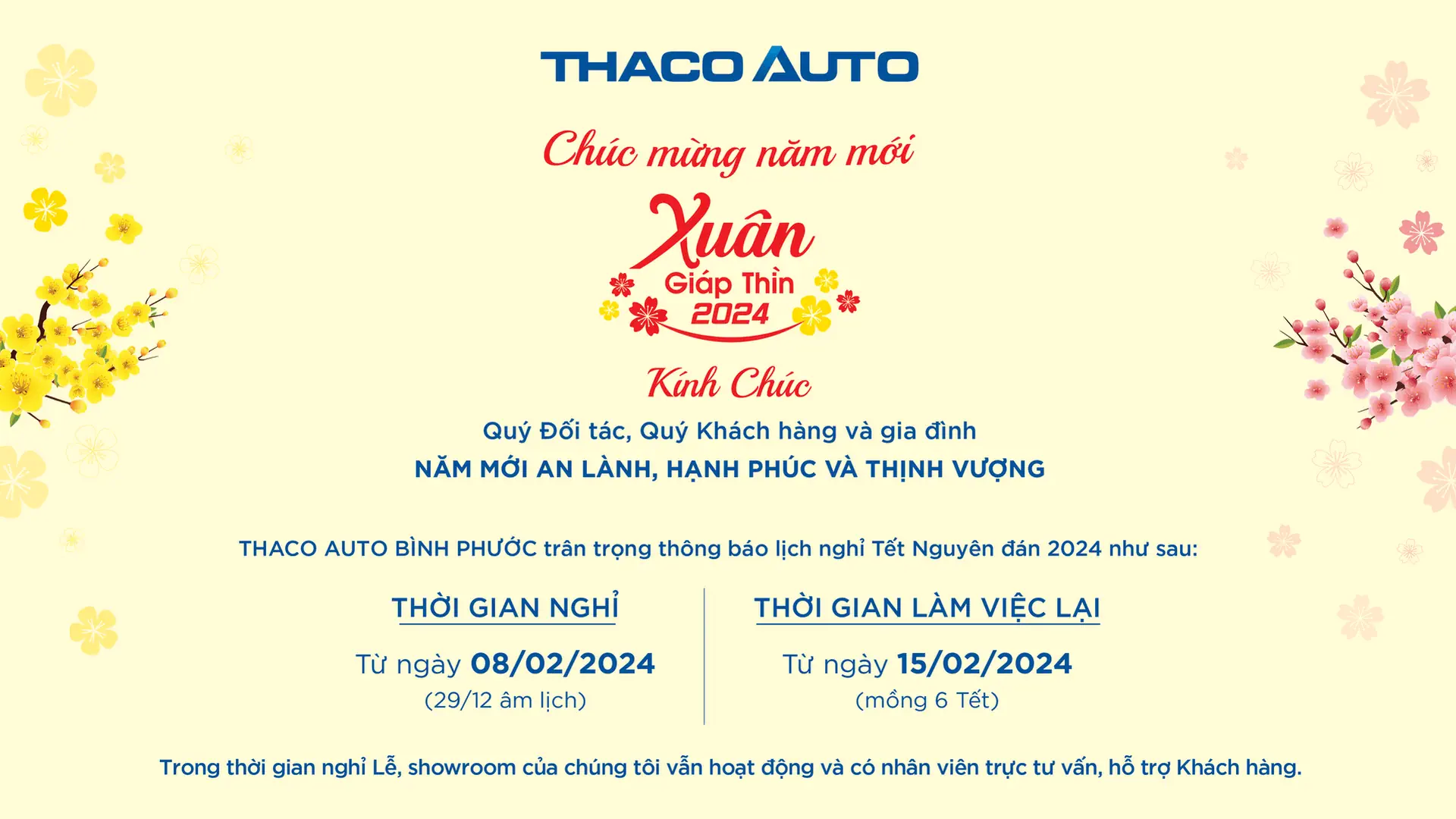 THACO AUTO BÌNH PHƯỚC THÔNG BÁO LỊCH NGHỈ TẾT NGUYÊN ĐÁN 2024